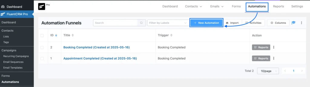 create new automation in fluentcrm